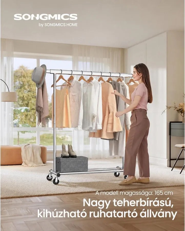 Gurulós ruhatartó kihúzható 92–132 cm-es ruharúddal, 90 kg, ezüst