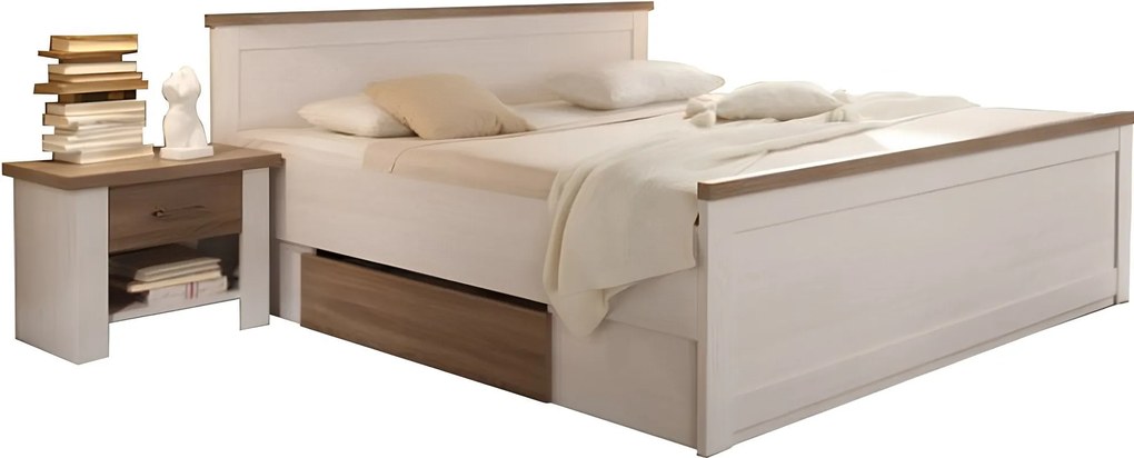 Ágykeret + 2db éjjeliszekrény, DTD fóliázott, sonoma tölgy trüffel/mandulafenyő fehér, LUMERA