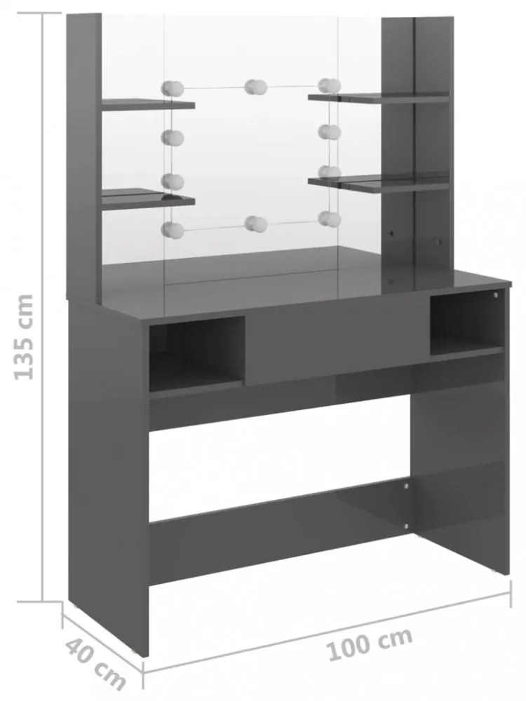 fényes szürke LED-es MDF sminkasztal 100 x 40 x 135 cm