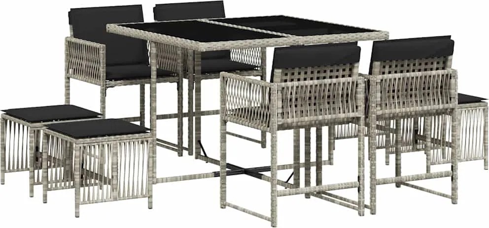 vidaXL 9részes világosszürke polyrattan kerti étkezőgarnitúra párnával