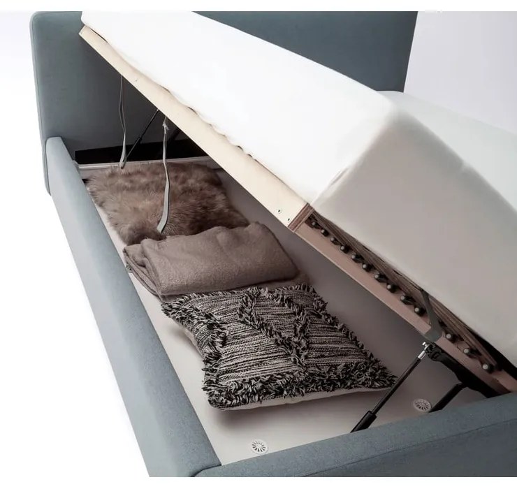 Szürkéskék kárpitozott ágyneműtartós franciaágy ágyráccsal 160x200 cm Mattis – Meise Möbel