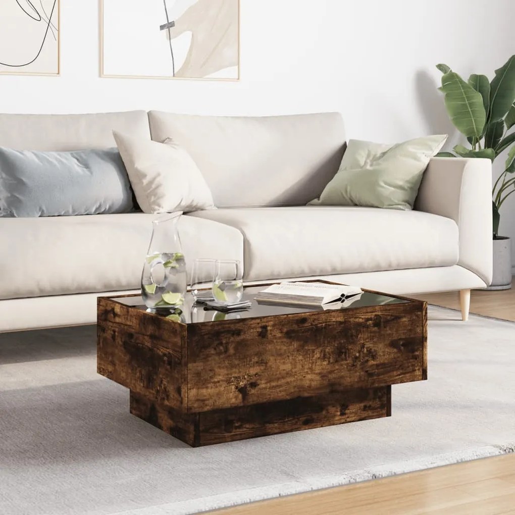 Füstös tölgy szerelt fa dohányzóasztal LED-del 70 x 50 x 30 cm