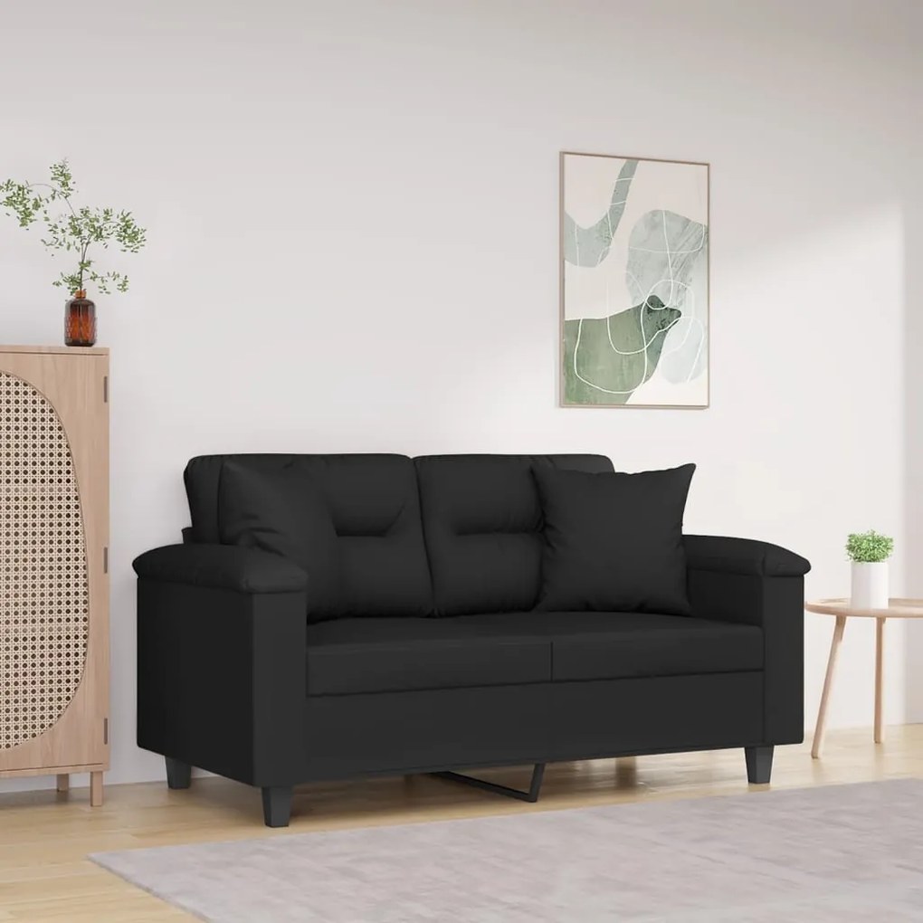 2 személyes fekete mikroszálas szövetkanapé párnákkal 120 cm