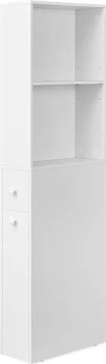 Fehér keskeny fürdőszoba szekrény fiókokkal és állítható polccal funkcionális