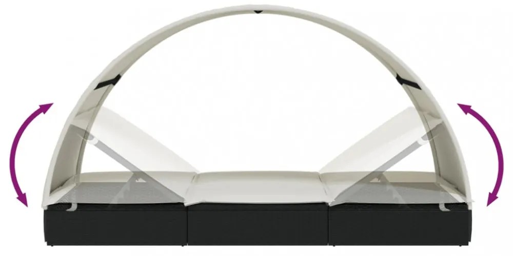 2 személyes fekete polyrattan napágy kerek tetővel 213x118x97cm