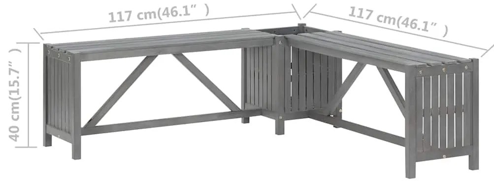 szürke tömör akácfa kerti sarokpad ültetővel 117 cm