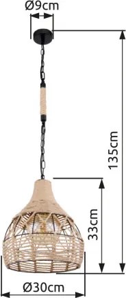 Globo 15671H Függeszték matt fekete fém váz, barna kenderkötéllel körbefonva. Ø:300, H:1350, fényforrás nélkül 1xE27 60W 230V