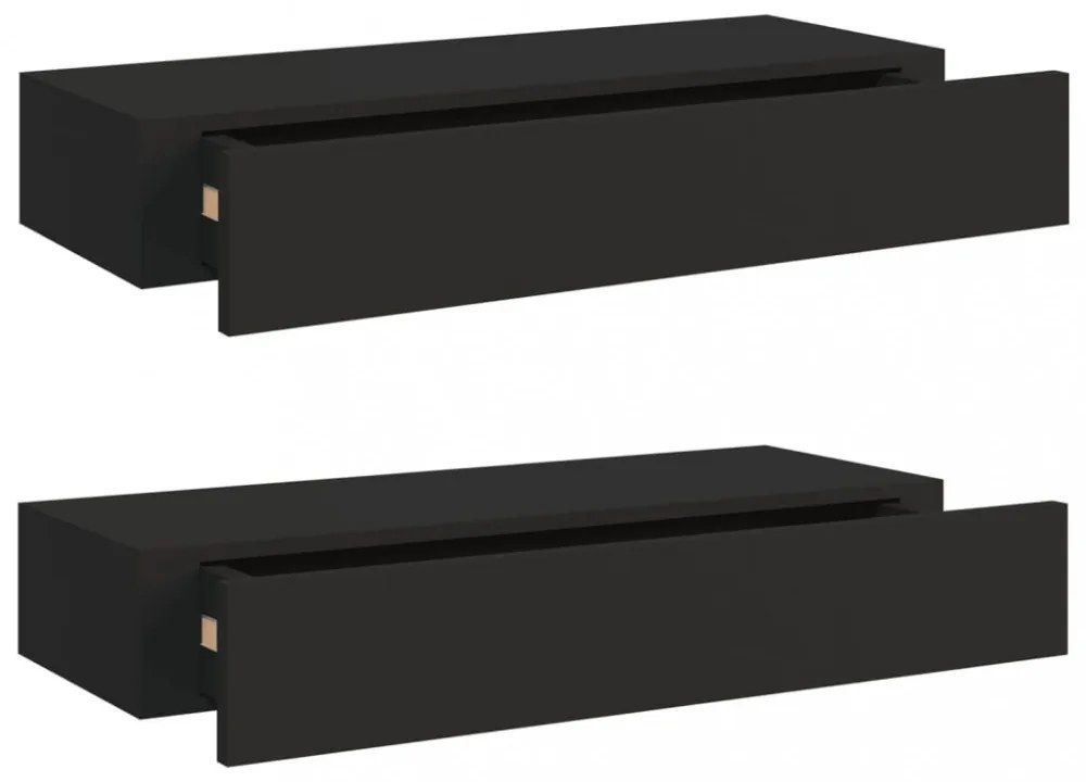 2 db fekete MDF falra szerelhető fiókos polc 60 x 23,5 x 10 cm