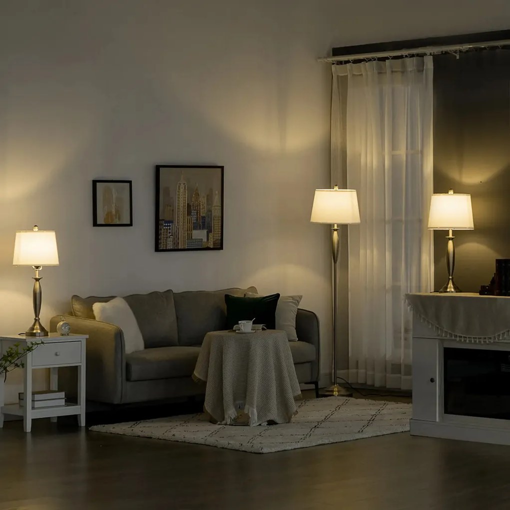 HOMCOM 3 Darabos szett 1 állólámpa, 2 asztali lámpa, vászonhatású 38 x 38 x 158 cm, ezüst-fehér