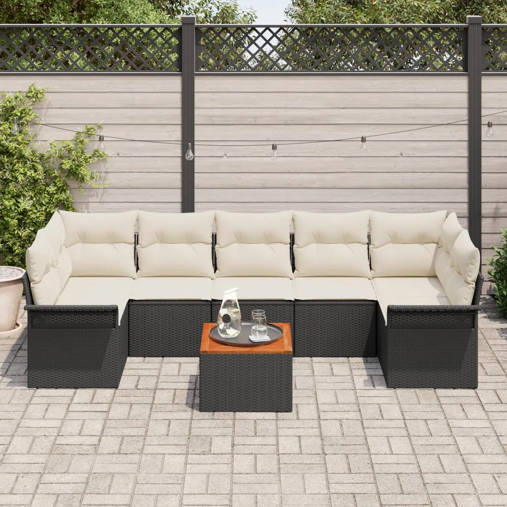 8 darabos Kerti Kanapé Szett Párnákkal Fekete Polyrattan Akácia, 2-fős Kerti Kanapé Tárolóval és Párnákkal Fekete Polyrattan