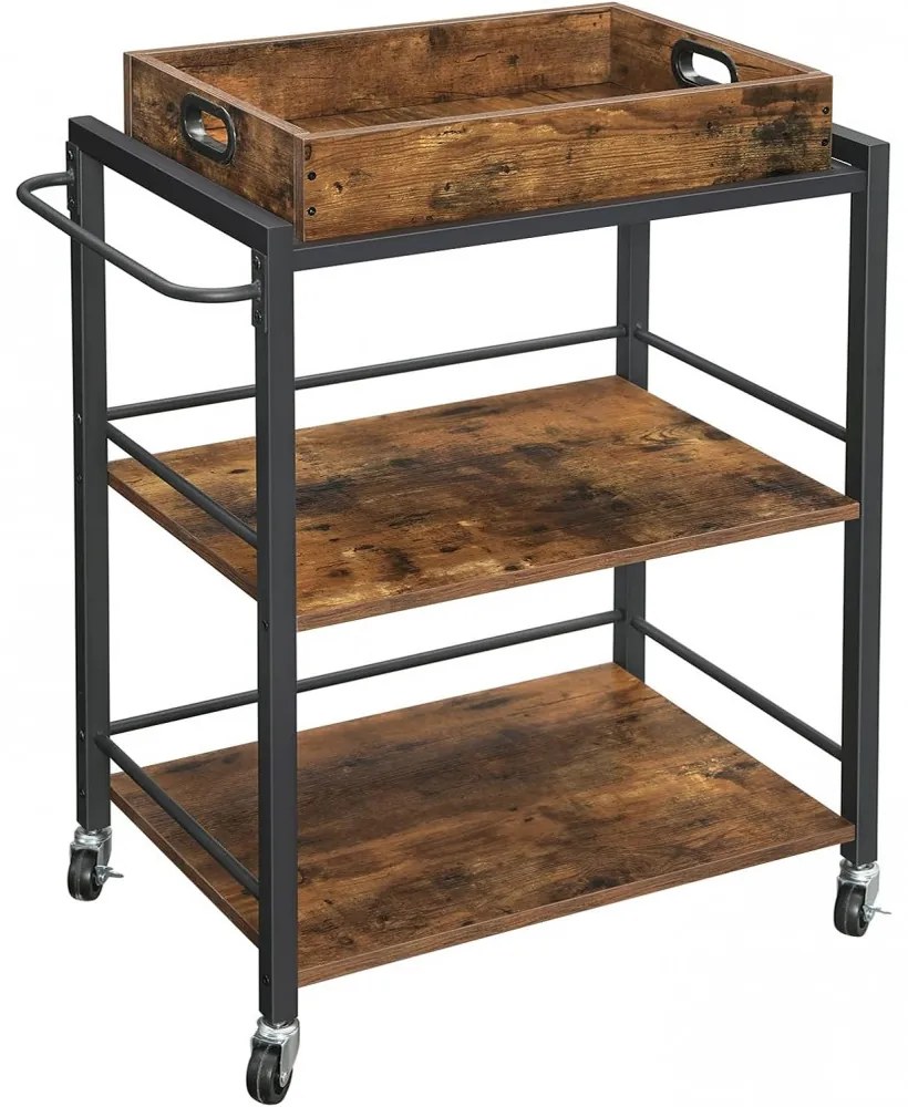Konyhai tálaló kocsi, gurulós tároló polc, rusztikus barna 65x40x86cm