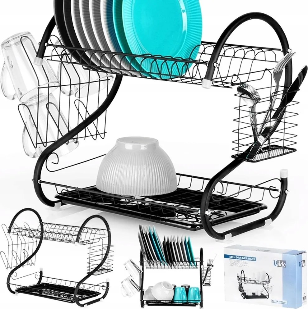 Tányérszárító Evőeszköz 2 szintes Fekete Vilde 52x24,5x38cm