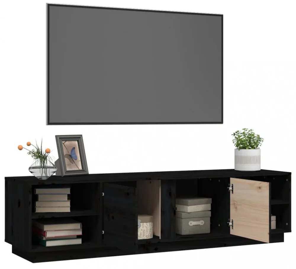 fekete tömör fenyőfa TV-szekrény 156 x 40 x 40 cm