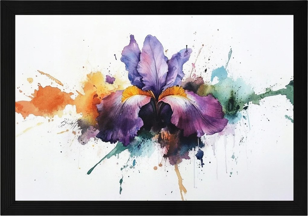 Poszter Keret Fa Akvarell Természet Virág Lila Írisz Splash 60x40