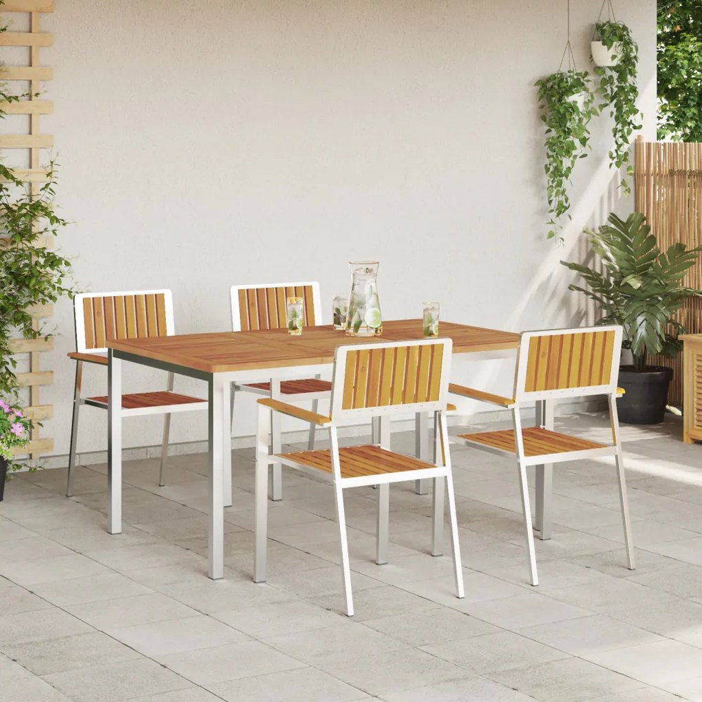 5 darabos Kert Étkező Garnitúra Tömör Akácfából, Kültéri Étkezőasztal 150x90x75 cm Tömör Akácfából, Összecsukható Kert Székek 4 db Tömör Akácfából és Fém