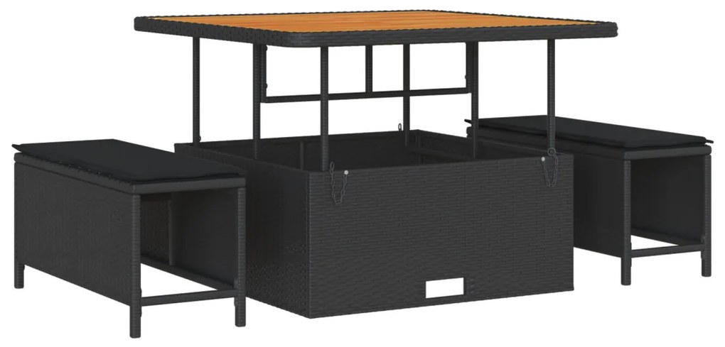 12 darabos kerti sofa szett párnákkal fekete poli rattan akácfa, 3 darabos kerti étkező szett párnákkal fekete poli rattan akácfa