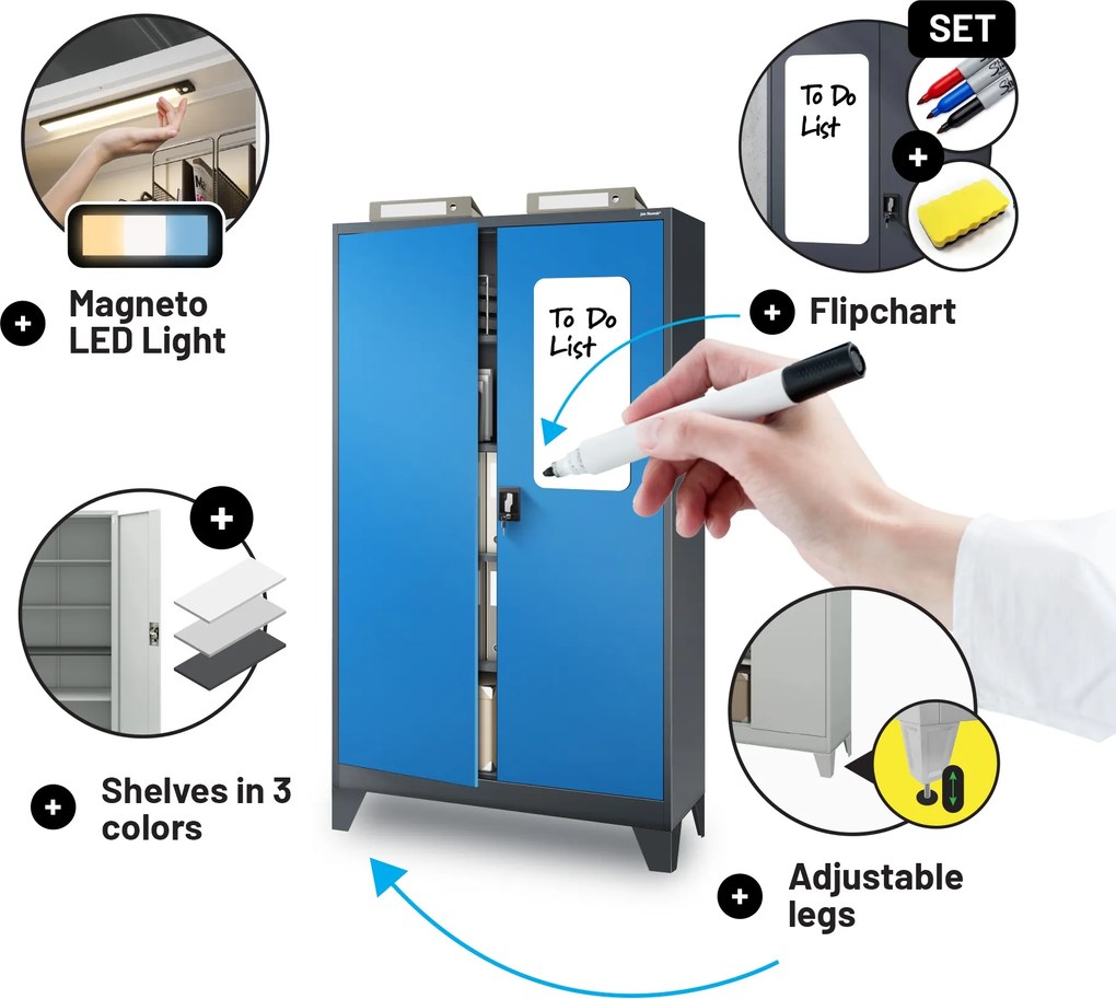 Fém iratszekrény JAN II, 1150 x 1850 x 400 mm, antracit-kék