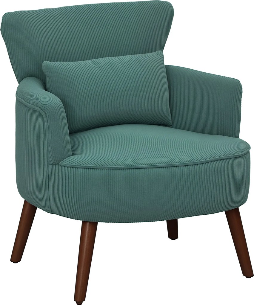 HOMCOM Párnázott Fotel Háttámlával, Lekerekített Karfákkal, Kordbársony Hatású Pihenőszék, Fa Lábakkal, Hálószobába és Nappaliba, 120 kg-ig, Sötétzöld