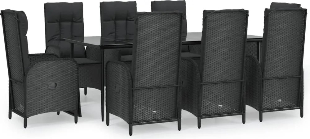 vidaXL 9 részes fekete polyrattan kerti étkezőgarnitúra párnákkal