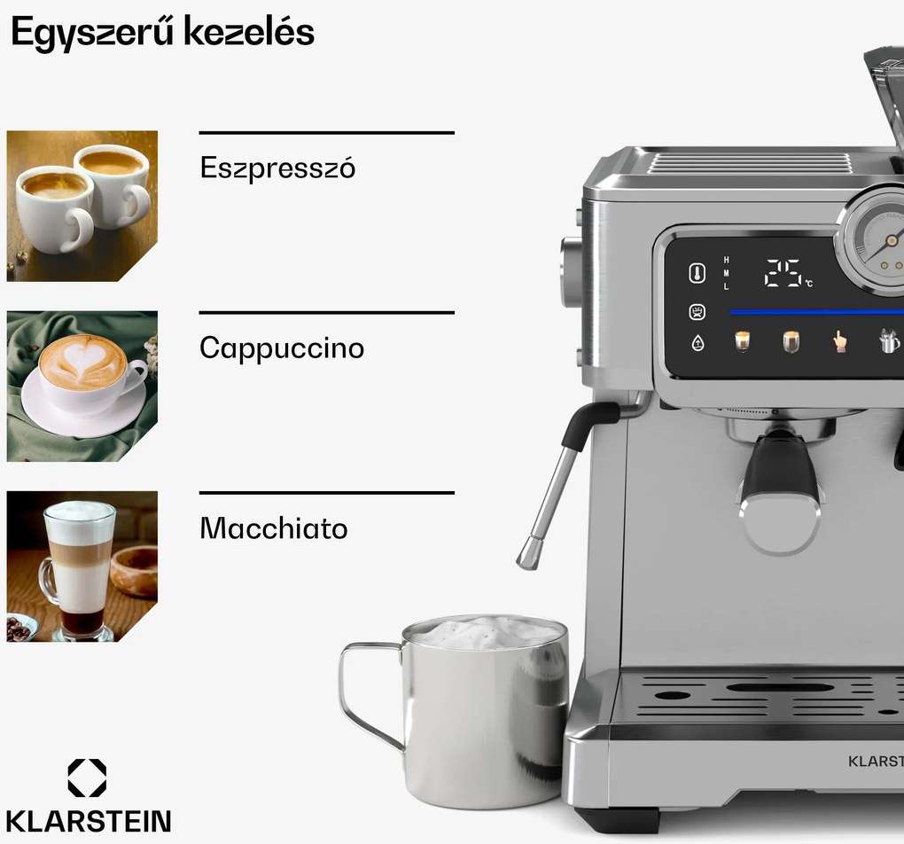 Klarstein GrandPresso Touch kávéfőző, 20 bar, beépített daráló, nyomásjelző, tejhab