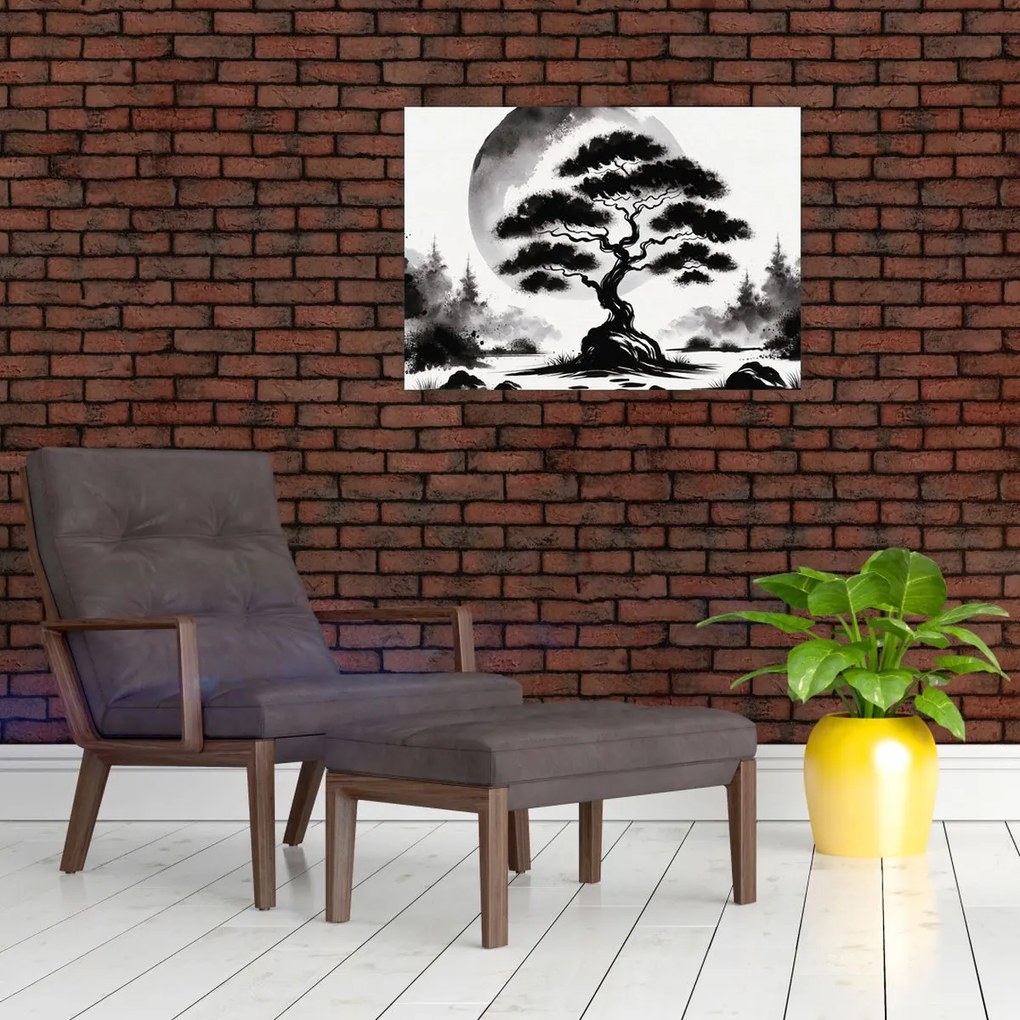 Üveg kép – Fekete-fehér bonsai (70x50 cm)