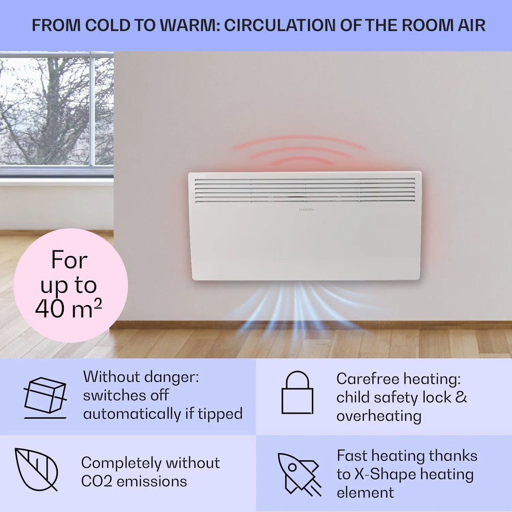 Klarstein Hot Spot Slimcurve, konvektor, fűtőtest, 80 x 40 cm, 40 m², 2000 W, 5 - 40 °C, IP24, fehér
