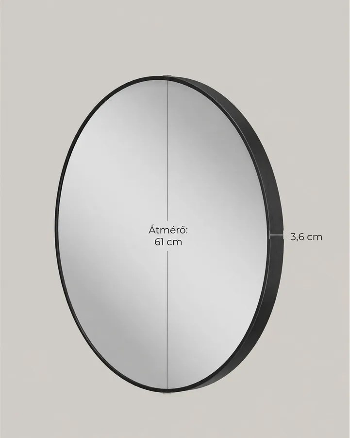 Modern fali tükör, kerek tükör, 61 cm átmérő, fekete