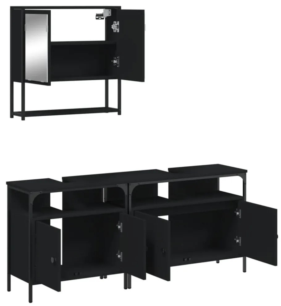 vidaXL 3 részes fekete szerelt fa fürdőszobai bútorszett