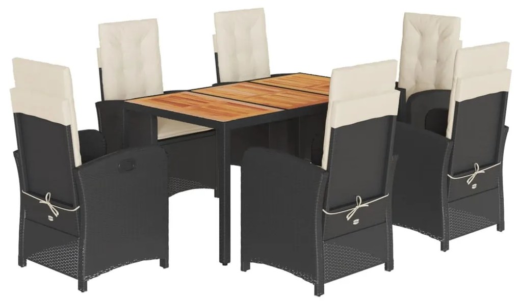 7 részes fekete polyrattan kerti étkezőgarnitúra párnával