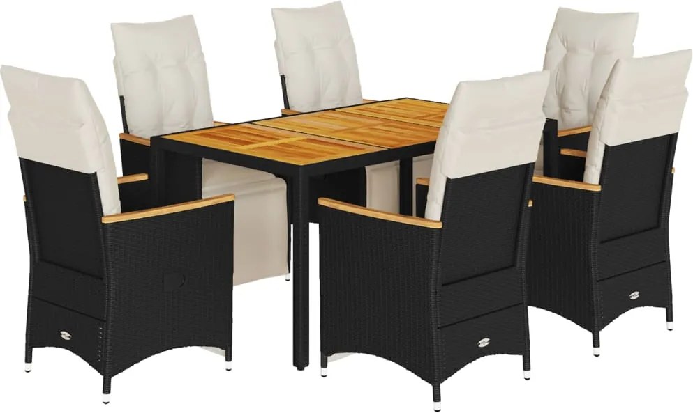 vidaXL 7 részes fekete polyrattan kerti bisztrógarnitúra párnákkal