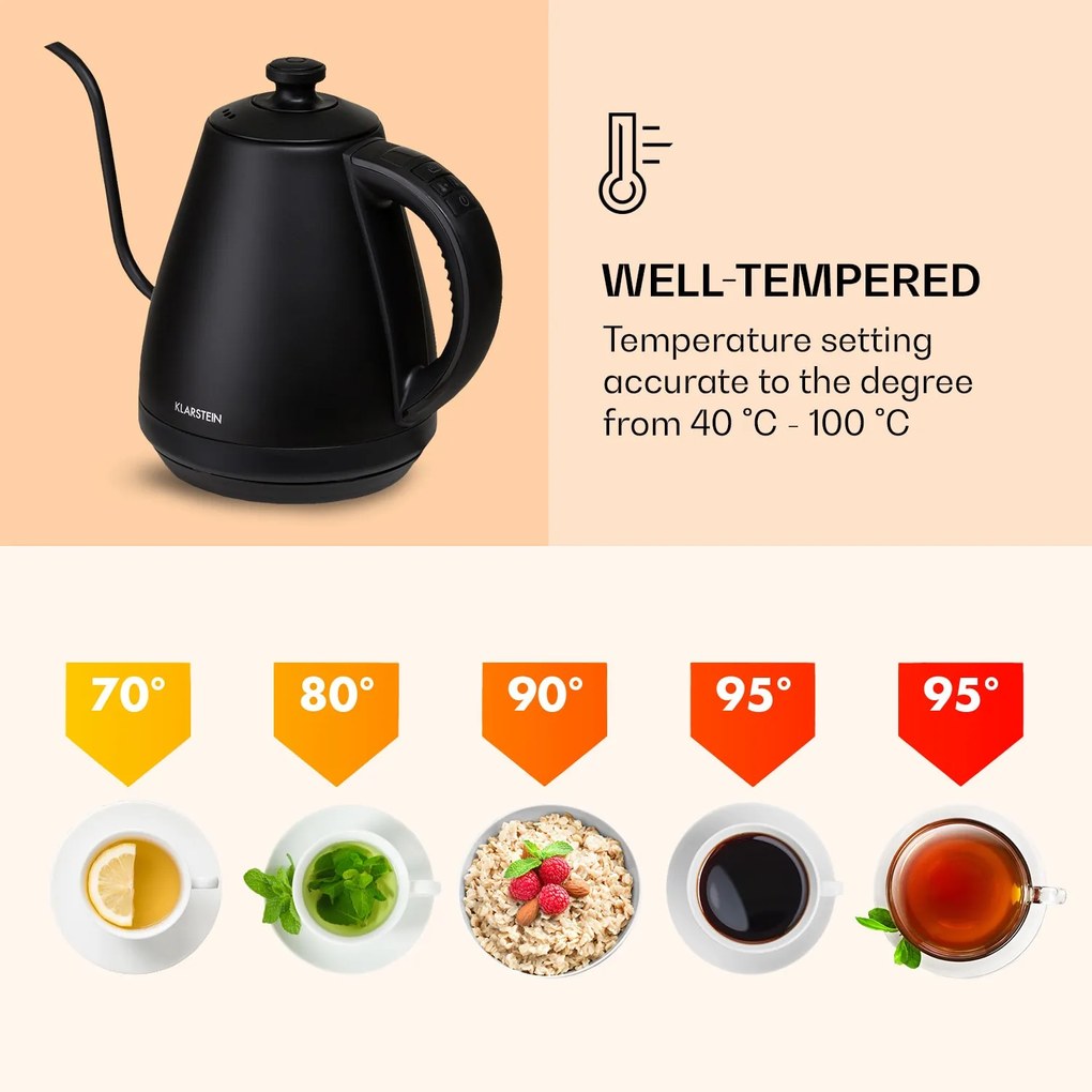 Klarstein Garcon, vízforraló, 1 L, 2000 W, melegentartó funkció, hattyúnyak, rozsdamentes acél