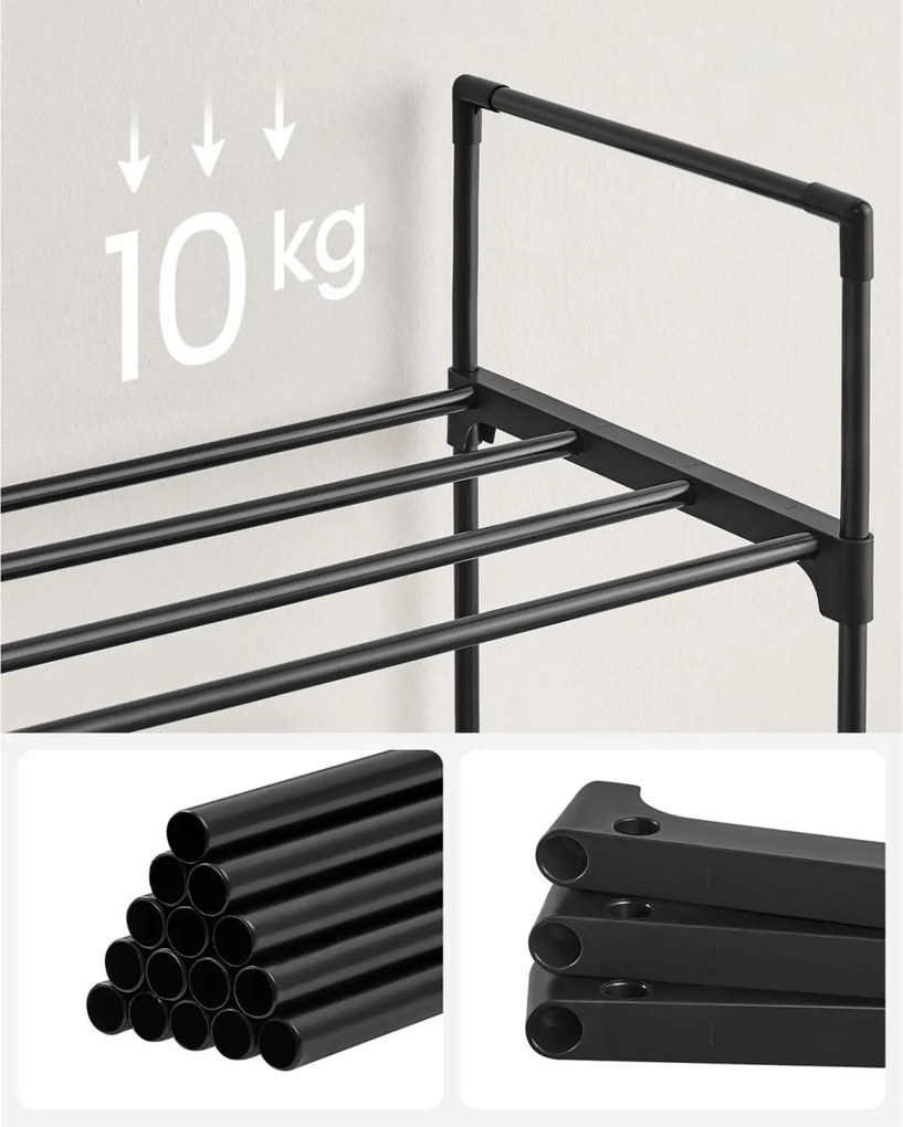 Cipőtartó polc 3 szintes fém vázzal, fekete 92x30x55cm