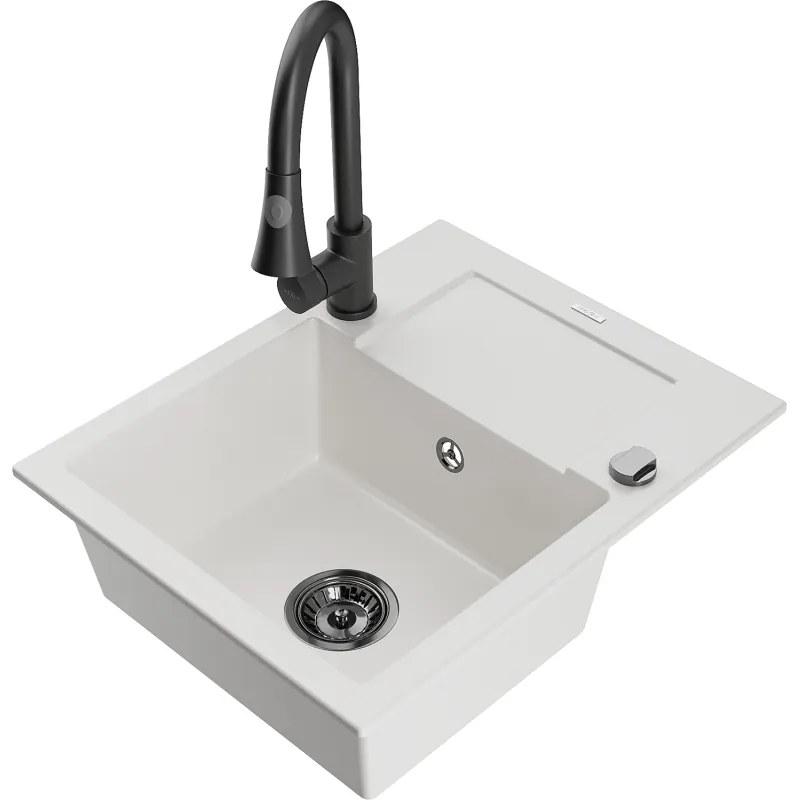 Mexen Enzo, 1 kamrás gránit mosogató 576x465x174 mm és Elia mosogató csaptelep, fehér, 6506-20-670101-70