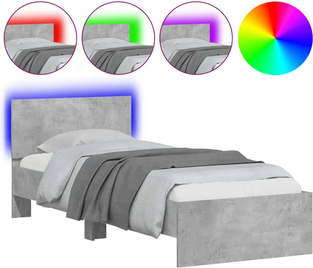 vidaXL betonszürke ágykeret fejtámlával és LED-világítással 90x200 cm