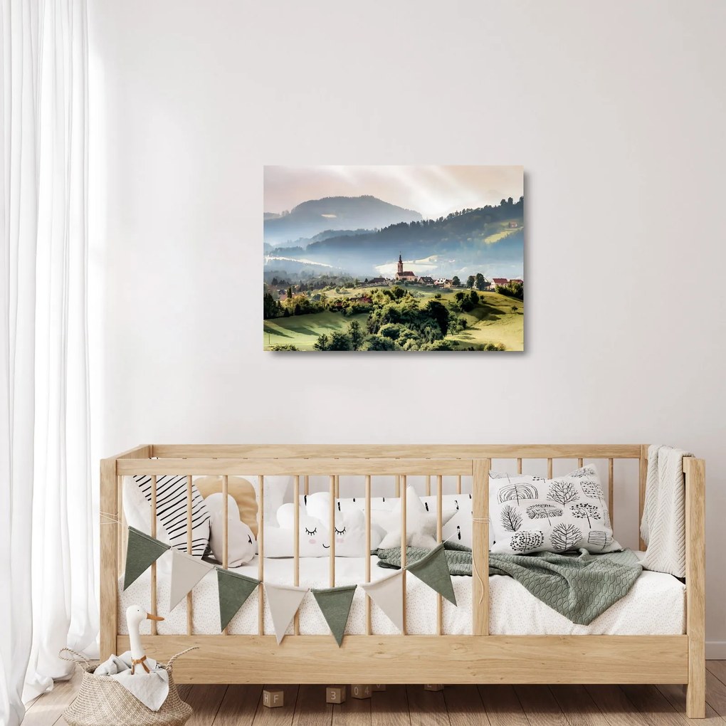 Kép - falu a ködben (üvegen) (70x50 cm)