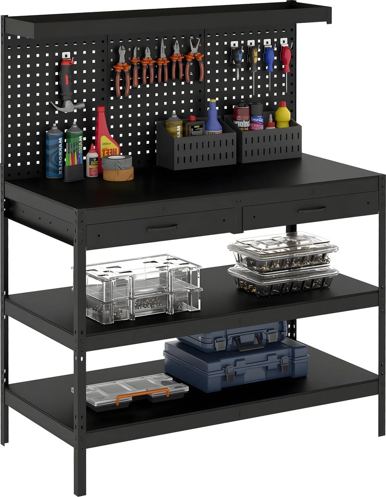 HOMCOM munkapad szerszámos fallal — nehéz teherbírású munkapad 2 fiókkal és 2 állítható polccal, 272 kg teherbírás, 122 x 61 x 156 cm, fekete | Aosom