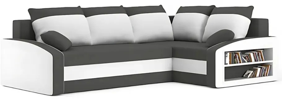 Grande sarokkanapé polcokkal , polc a jobb karfaban, jobboldali, szövet anyag, hab töltet, szürke - fehér