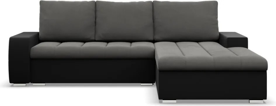 Toronto sarokkanapé, 2 ágyneműtartóval, bársony + műbőr, jobboldali, szürke - fekete