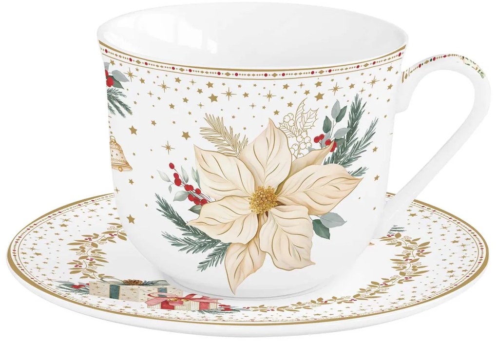 Karácsonyi porcelán nagy reggeliző csésze 370 ml díszdobozban fehér arany mikulásvirág White Elegance