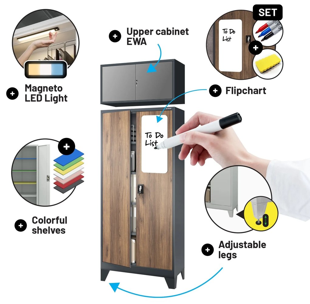 Fém iratszekrény JAN H, 900 x 1950 x 400 mm, Eco Design: antracit/ dió
