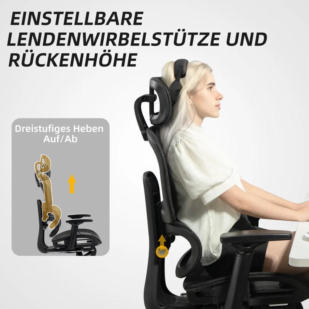 HOMCOM Ergonomikus irodai szék, hálós szövettel, állítható 3D, karfákkal és fejtámlával, fekete