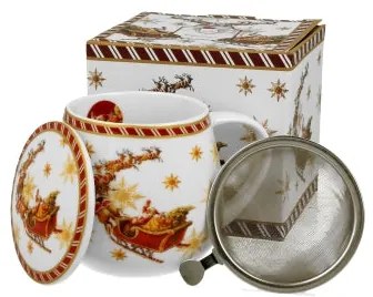 Karácsonyi porcelán bögre szűrővel tetővel dobozban Santa on Sleigh