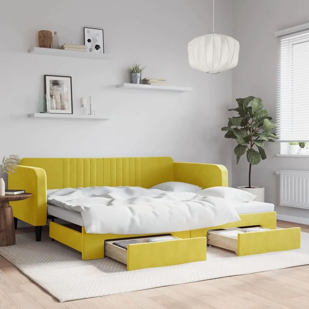 sárga kihúzható bársony heverő fiókkal 100 x 200 cm