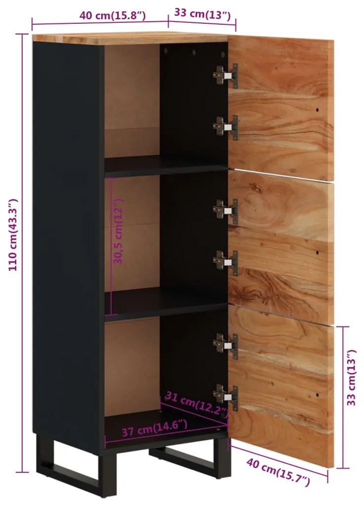 tömör akácfa és vas magasszekrény 3 ajtóval 40x33x110 cm