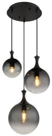 Globo 15885-3H Függeszték fém fekete matt, füstszínű üveg búra, fekete PVC kábel, magassága lerövidíthető, ø: 390mm, M: 1415mm, a búrák méretei: 1 x 15 cm, 20 cm, 25 cm, 3x E27 LED 10W 230V izzók nélkül