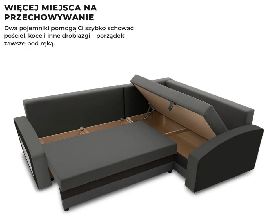 Grande sarokkanapé polcokkal , polc a bal karfaban, jobboldali, szövet anyag, hab töltet, szürke - fekete