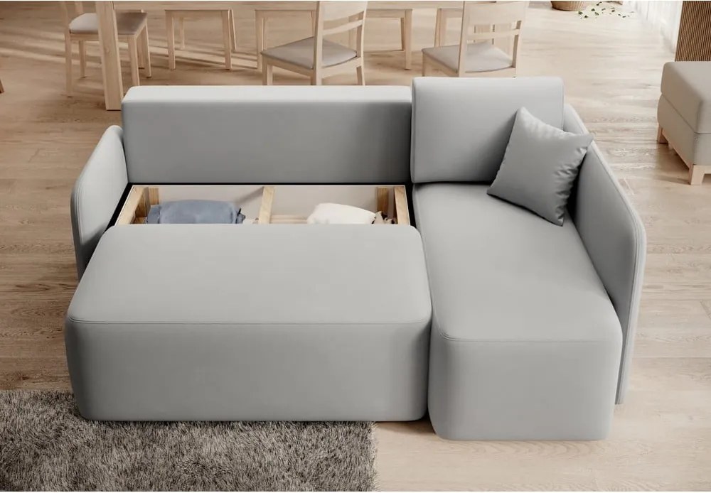 Világosszürke bársony kinyitható-tárolóhelyes sarokkanapé (jobb oldali-heverő résszel) Hadson – ELTAP