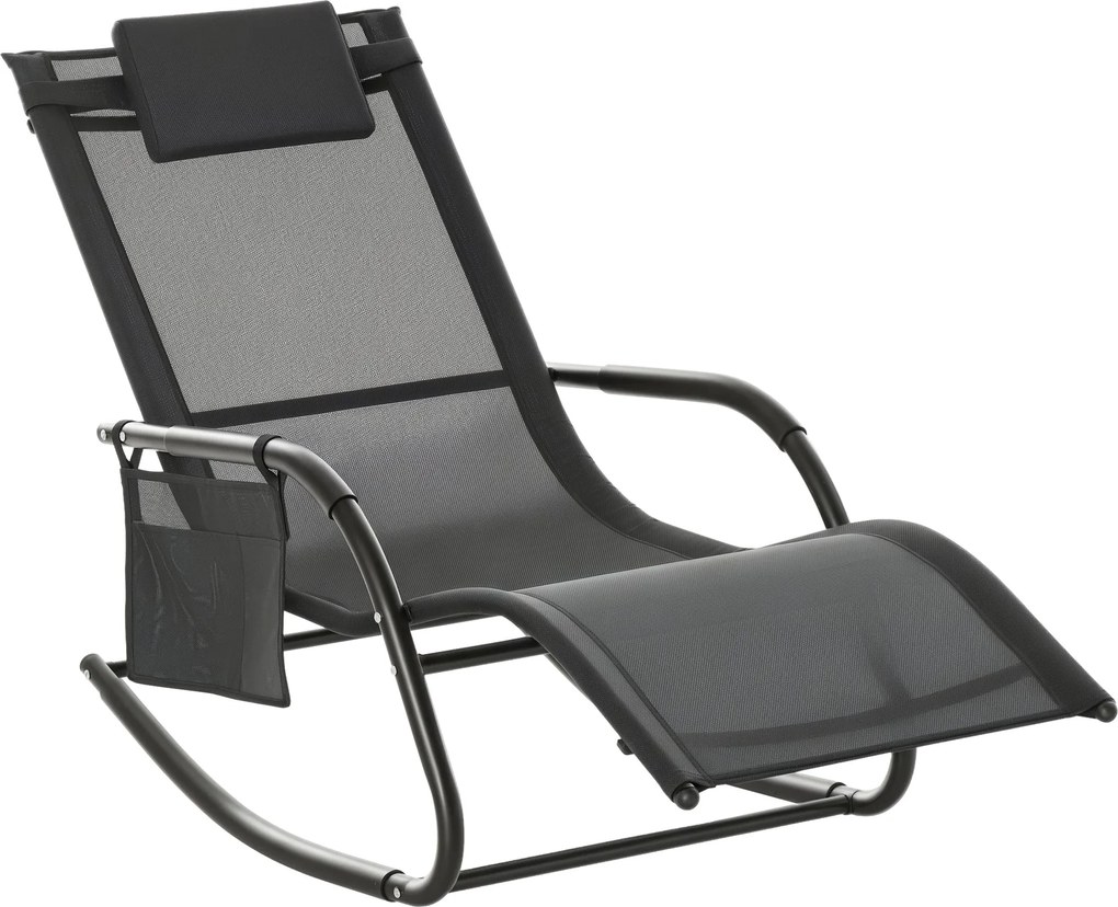 Outsunny Kerti Lengőszék párnázott karfákkal, fejpárnával és oldalzsebbel, 120 kg teherbírással, 150x62x88 cm, Fekete | Aosom
