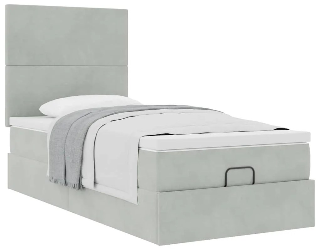 Ottomán ágykeret matracokkal világosszürke 80x200cm bársony