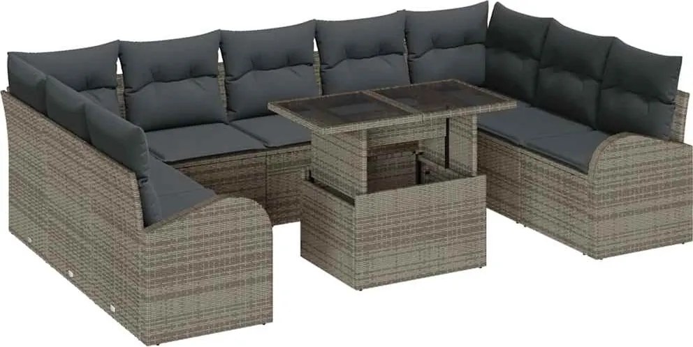 vidaXL Kerti Kanapé Szett tárolóval párnával 10 pcs Szürke polirattan